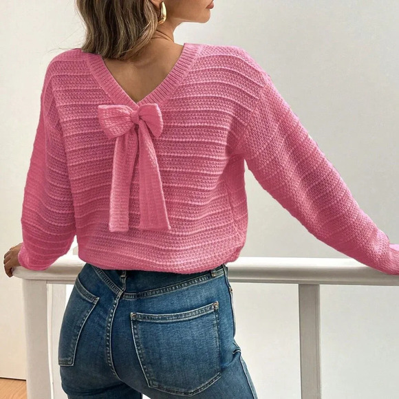 Hot Pink Casual Women's Minimalist Bow Decor Crew Neck Sweater - Picture 2 of 6